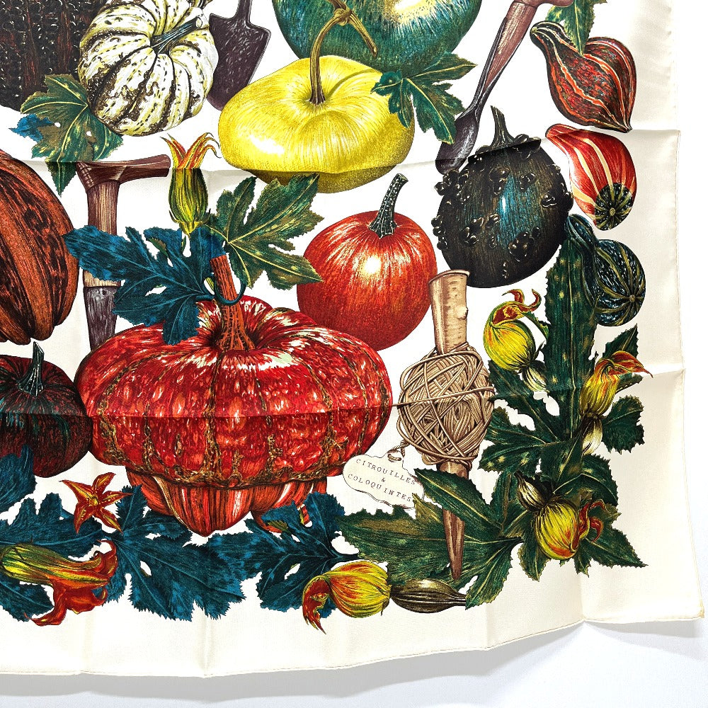HERMES CITROUILLES &amp; COLOQU IN TES Pumpkin and Colocynth Carré 90 Scarf, Silk, Women's, White Beige, White