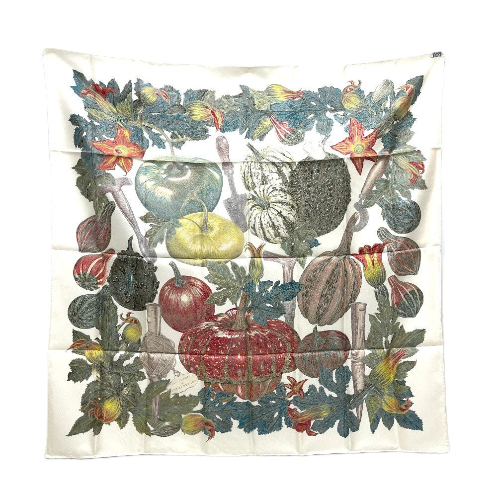 HERMES CITROUILLES &amp; COLOQU IN TES Pumpkin and Colocynth Carré 90 Scarf, Silk, Women's, White Beige, White