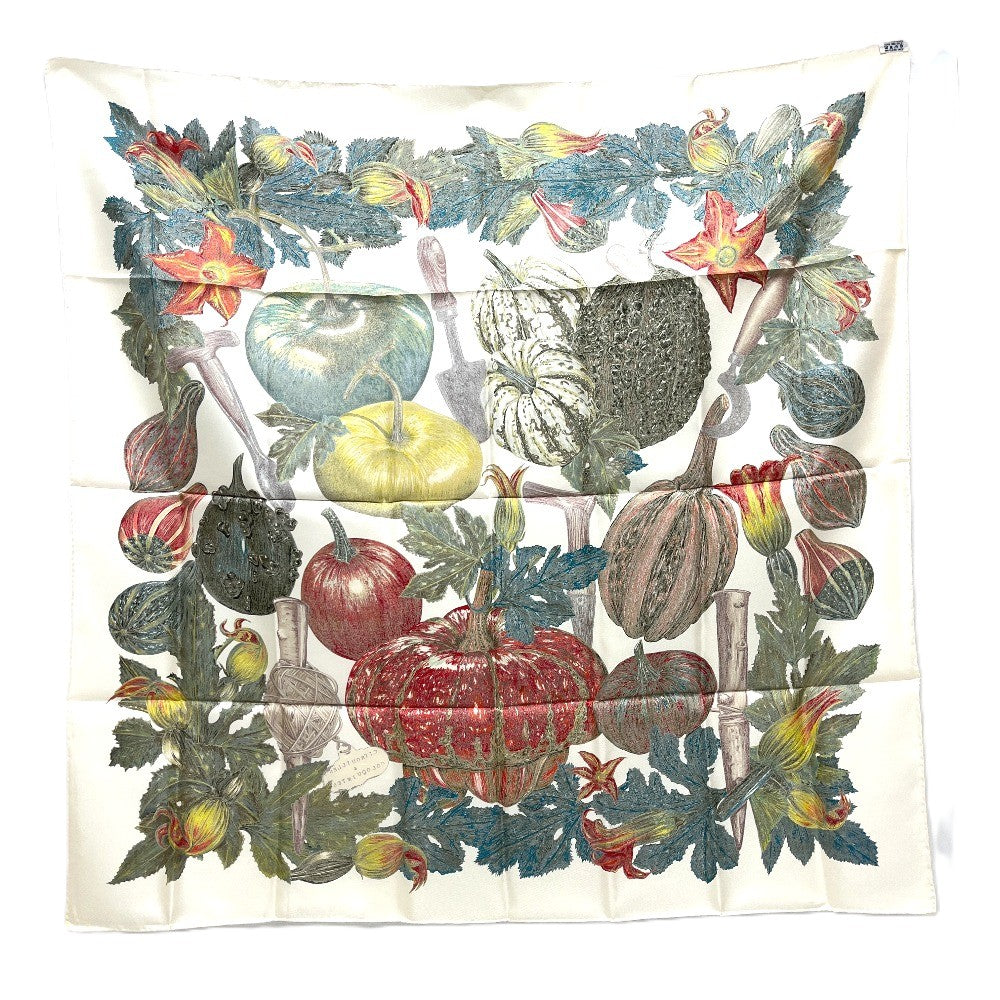 HERMES CITROUILLES &amp; COLOQU IN TES Pumpkin and Colocynth Carré 90 Scarf, Silk, Women's, White Beige, White