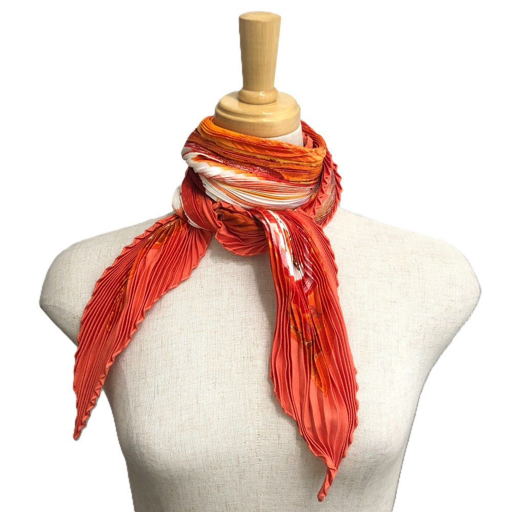 HERMES Pleated Scarf, Pleated Carré, "Smiles in the Third Millenary," Silk, Orange, Women's