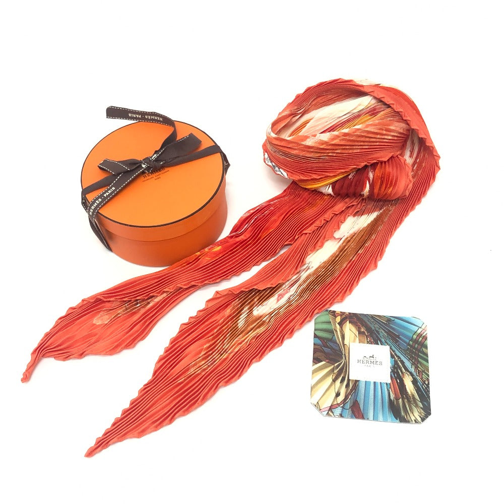 HERMES Pleated Scarf, Pleated Carré, "Smiles in the Third Millenary," Silk, Orange, Women's