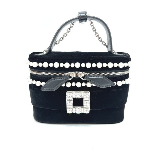 ROGER VIVIER RBWANMH70000LU クリスタル フェイクパール ヴァニティ カバン マイクロ 2WAY バッグ 斜め掛け ハンドバッグ ベルベット レディース ブラック