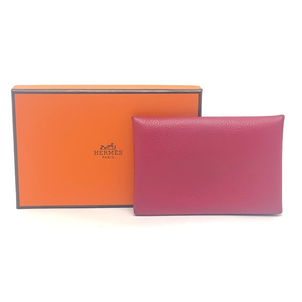 HERMES Calvi silver hardware bifold card case, business card holder, and coin case in Evercolor rose pink.
