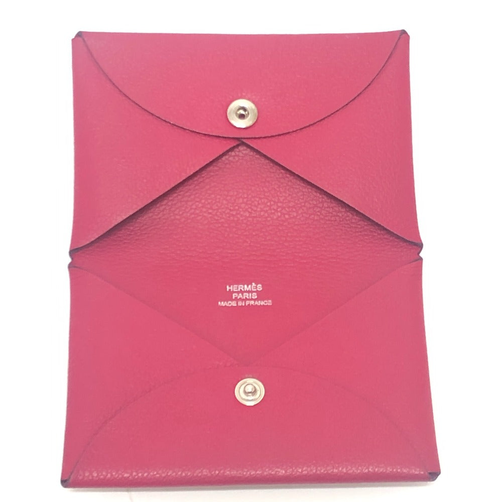HERMES Calvi silver hardware bifold card case, business card holder, and coin case in Evercolor rose pink.