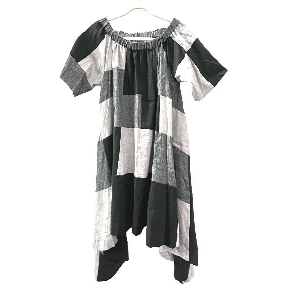 mikomori C0015 A1LR01 Apparel Patchwork Off-the-Shoulder Short Sleeve Flared Dress, Women's, Gray x Black