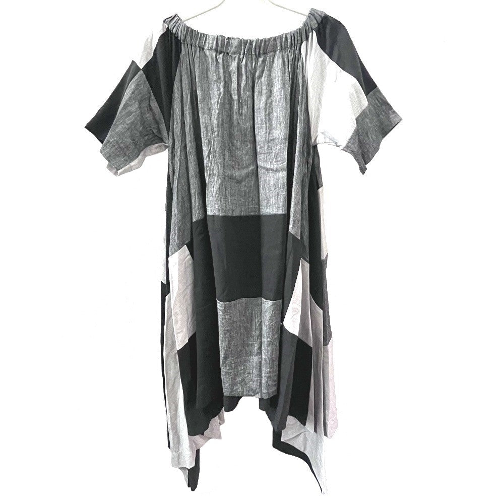 mikomori C0015 A1LR01 Apparel Patchwork Off-the-Shoulder Short Sleeve Flared Dress, Women's, Gray x Black