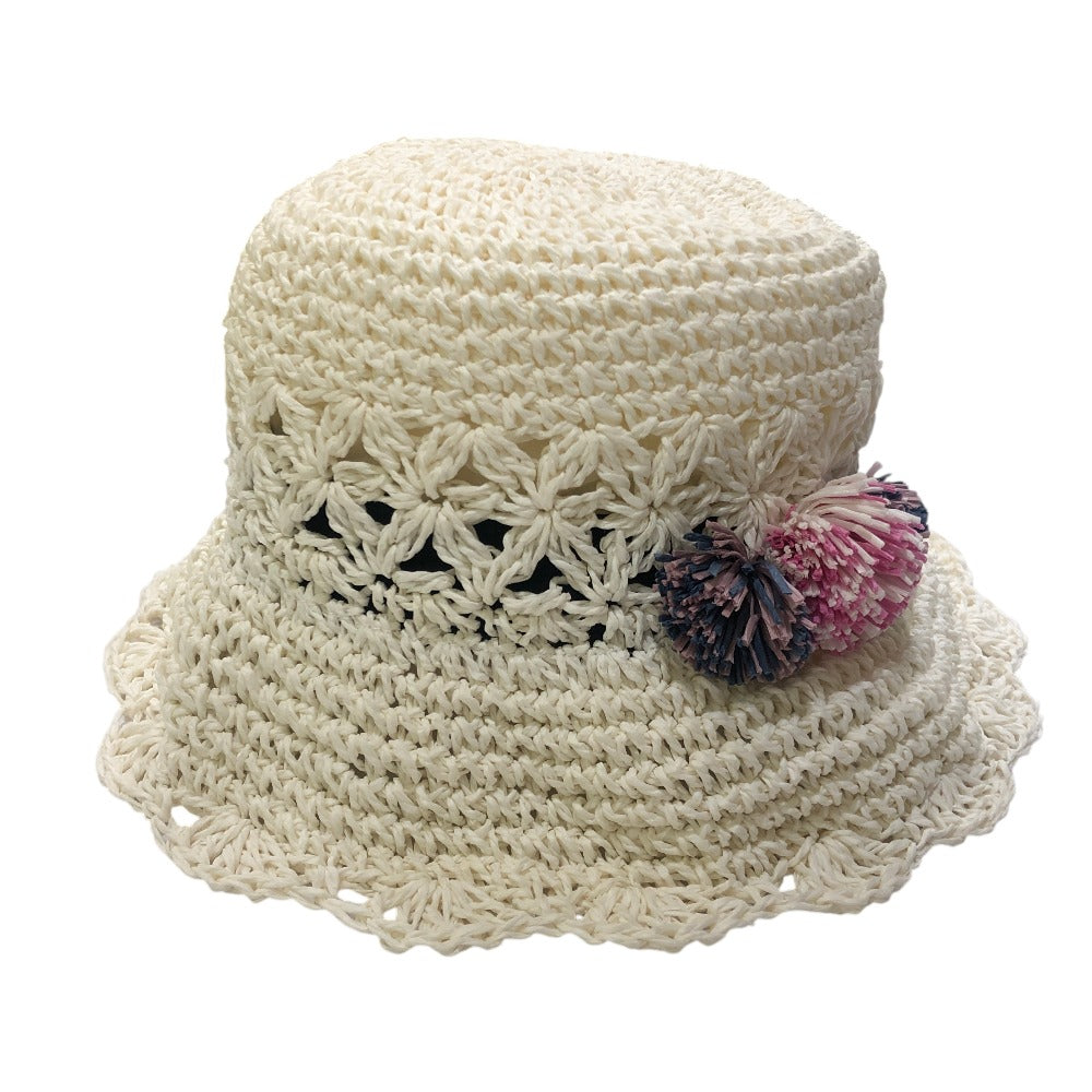 BEBE Accessories - Bebe Paper Hat, Fashion Accessories, Straw Hat with Pom-Poms, Paper, Kids, White