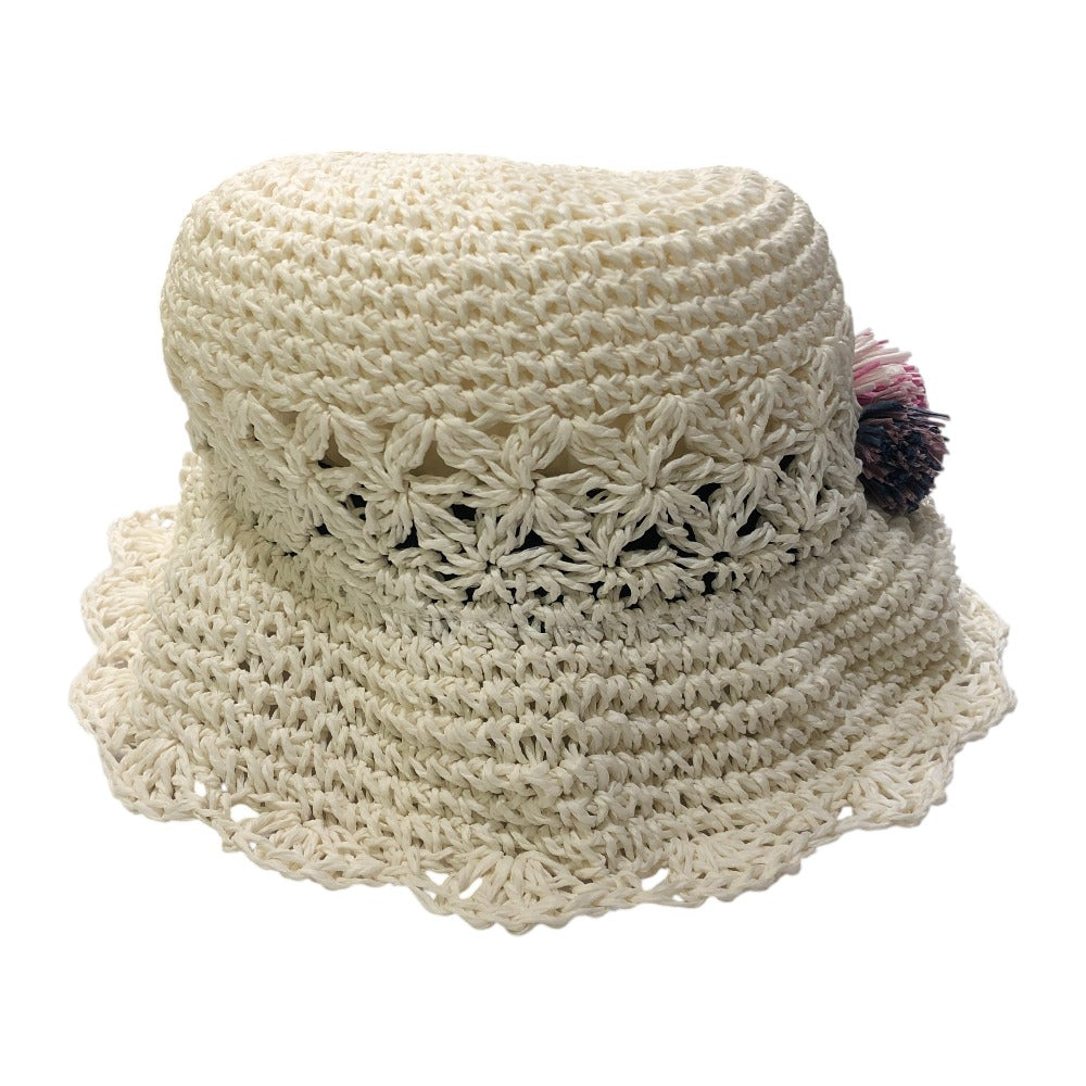 BEBE Accessories - Bebe Paper Hat, Fashion Accessories, Straw Hat with Pom-Poms, Paper, Kids, White