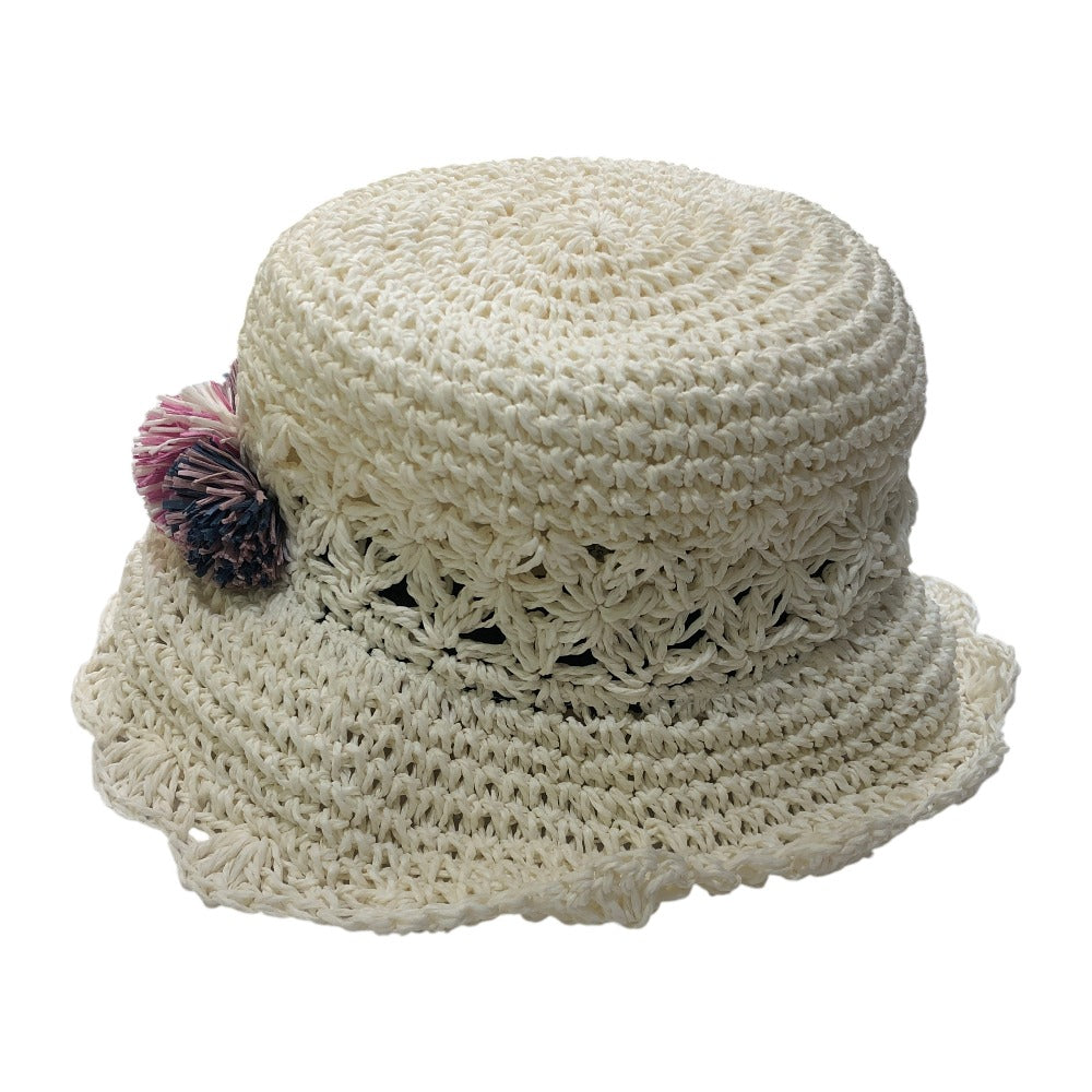BEBE Accessories - Bebe Paper Hat, Fashion Accessories, Straw Hat with Pom-Poms, Paper, Kids, White