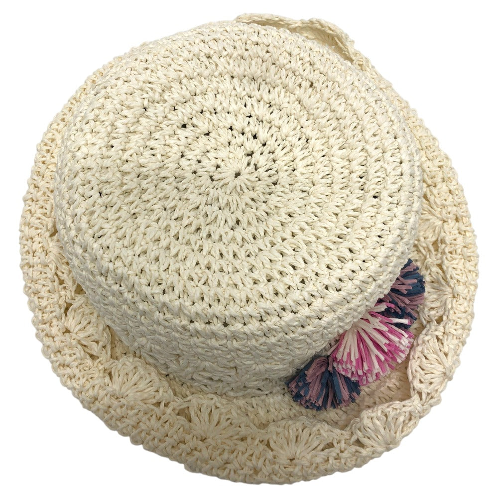 BEBE Accessories - Bebe Paper Hat, Fashion Accessories, Straw Hat with Pom-Poms, Paper, Kids, White