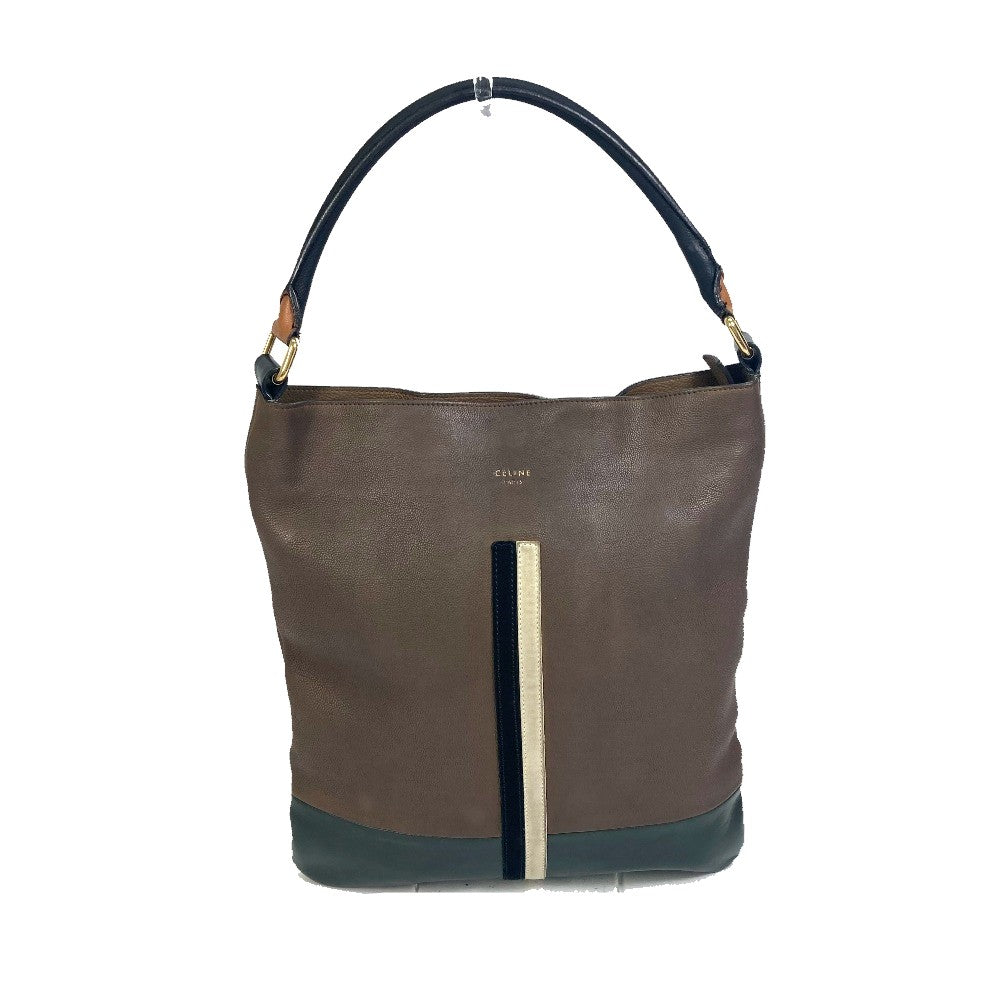 CELINE Two-Tone Striped Tote Bag, Leather Shoulder Bag, Women's, Brown
