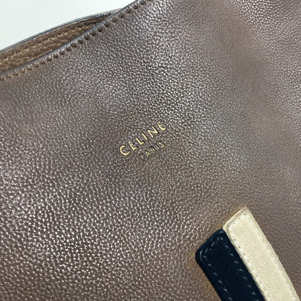 CELINE Two-Tone Striped Tote Bag, Leather Shoulder Bag, Women's, Brown