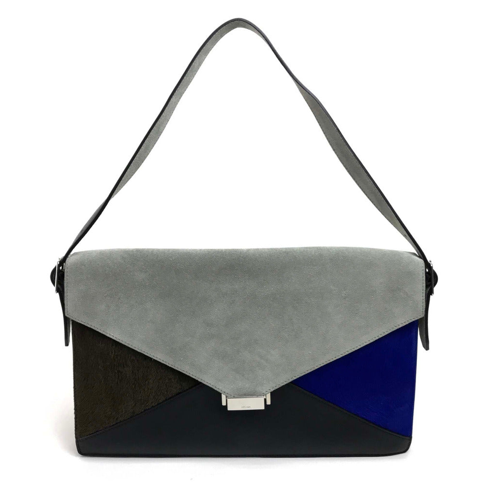 CELINE Shoulder Bag with Logo Hardware and Diamond Clutch, Suede/Leather, Gray and Black, Women's
