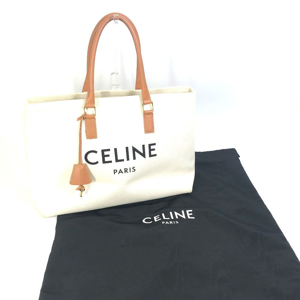CELINE 190062 Shoulder Bag, Horizontal Cabas Logo Tote Bag, Canvas/Leather, Women's, Natural/Tan Beige