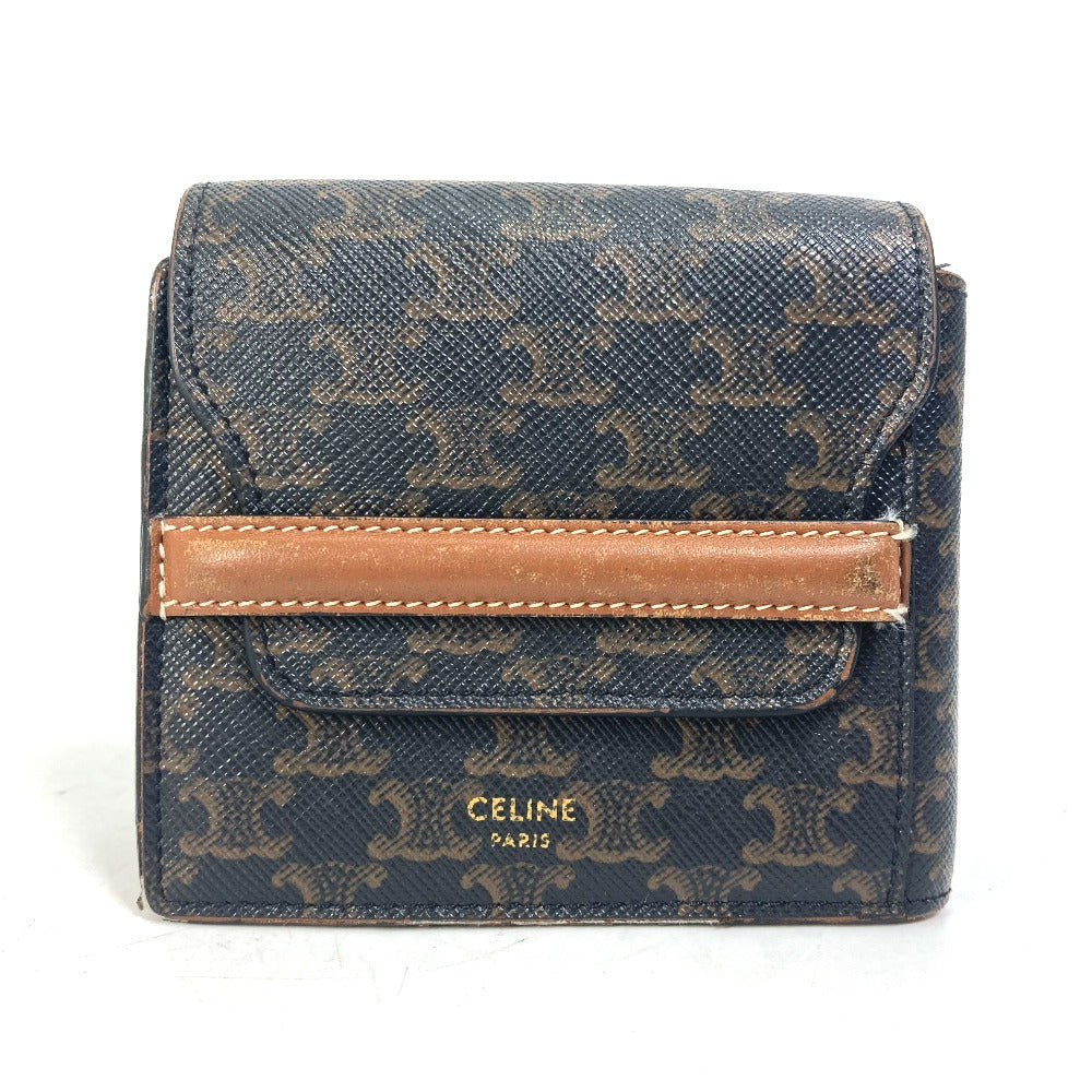 CELINE Triomphe Card Case with Flap, Bi-fold Wallet, Leather, Men's, Brown