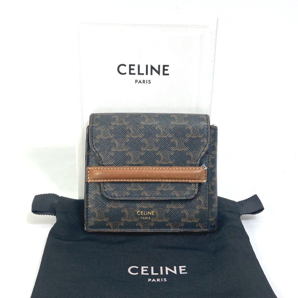 CELINE Triomphe Card Case with Flap, Bi-fold Wallet, Leather, Men's, Brown