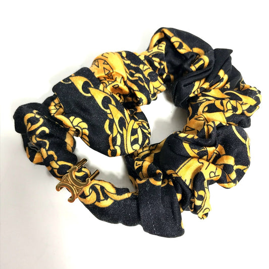 CELINE Triomphe Scrunchie Silk Hair Tie with Chain Pattern, Black, Women's