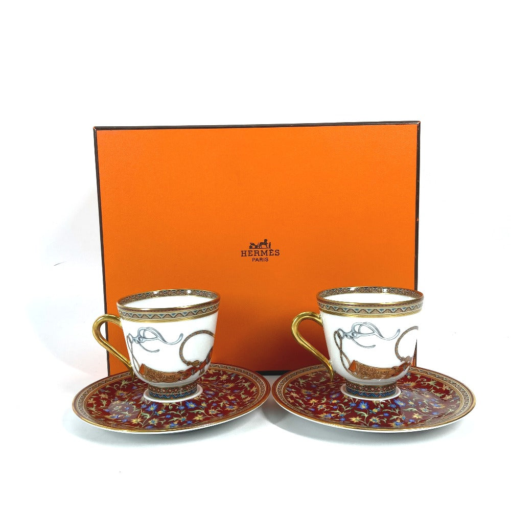 HERMES Cheval Durian coffee cup and saucer set (pair) in multicolor.
