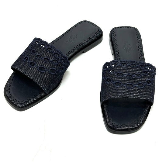 HERMES Gail Chaine d'Ancre Flat Sandals Denim Women's Blue