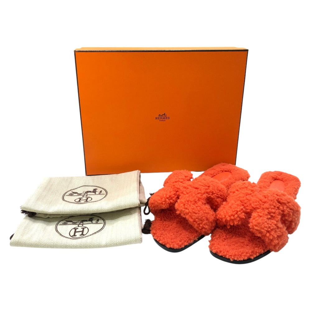 HERMES オラン 靴 シューズ ムートン ボア シアリングファー フラット サンダル ムートン レディース オレンジ