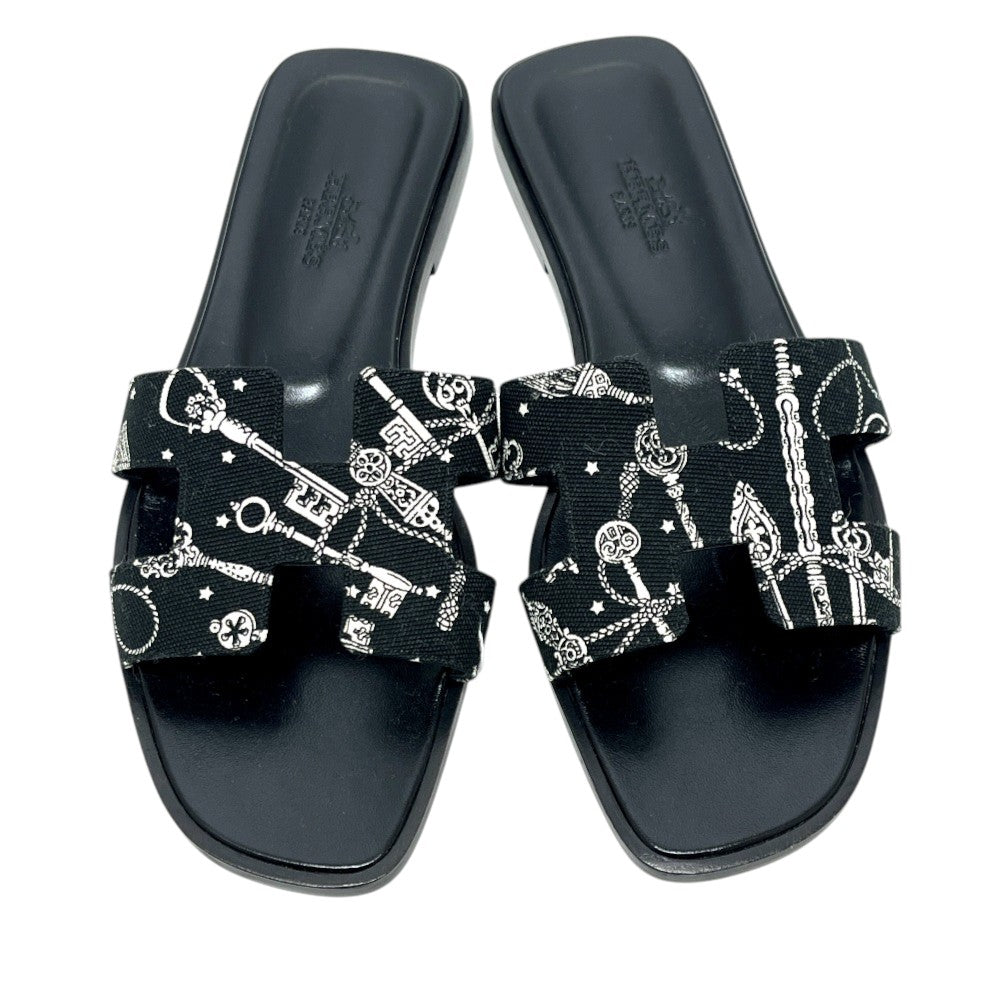HERMES Oran Flat Barrel Shoes Sandals Leather/Wood Sandals Canvas Black 35 Used
