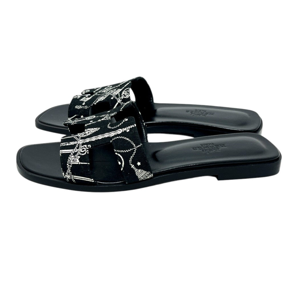 HERMES Oran Flat Barrel Shoes Sandals Leather/Wood Sandals Canvas Black 35 Used