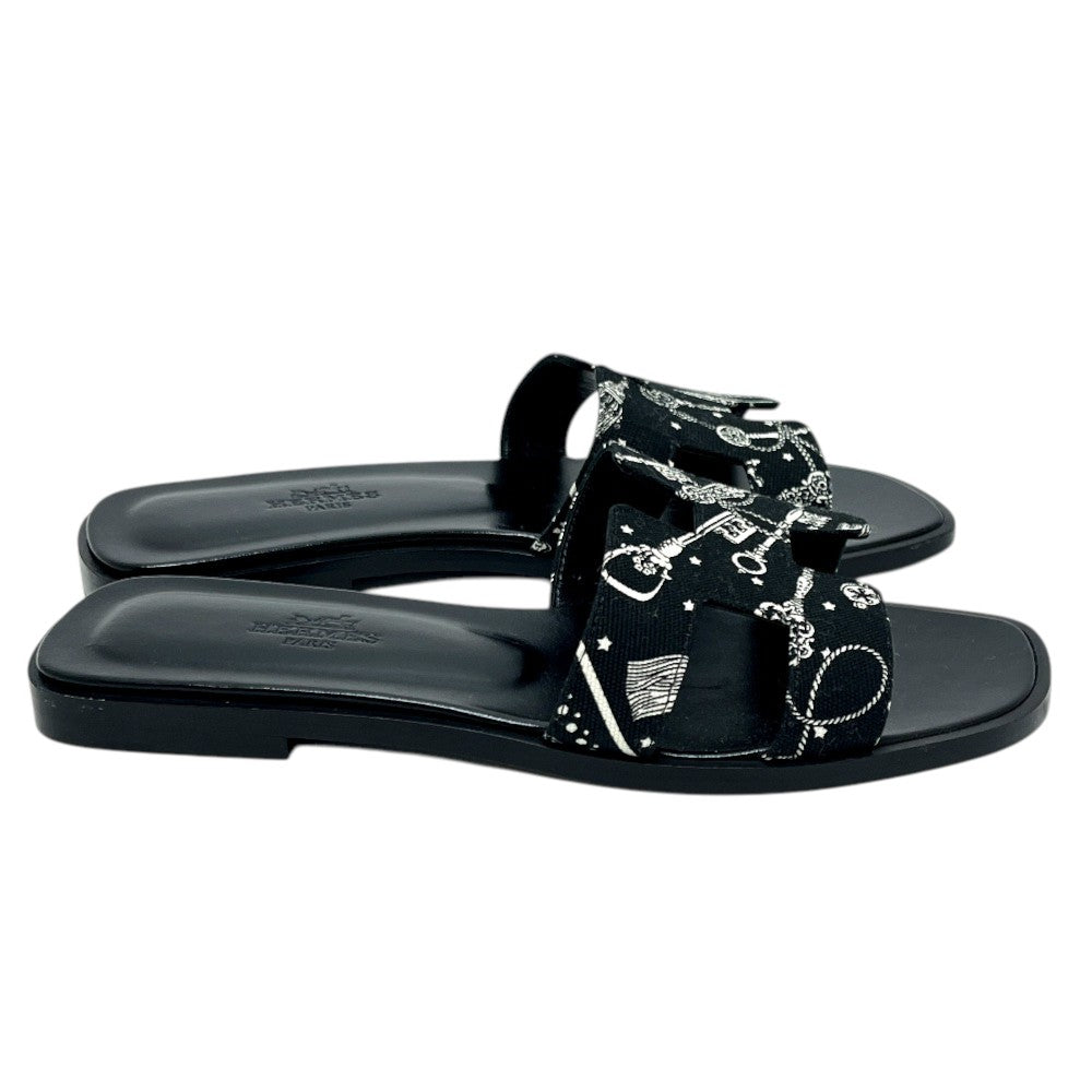 HERMES Oran Flat Barrel Shoes Sandals Leather/Wood Sandals Canvas Black 35 Used