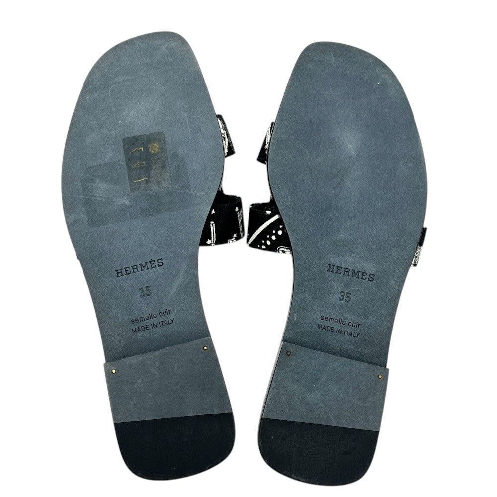 HERMES Oran Flat Barrel Shoes Sandals Leather/Wood Sandals Canvas Black 35 Used