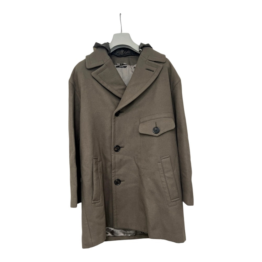 HERMES PT9617 Chesterfield Nylon Hooded Long Coat, Wool, Men's, Greige/Gray