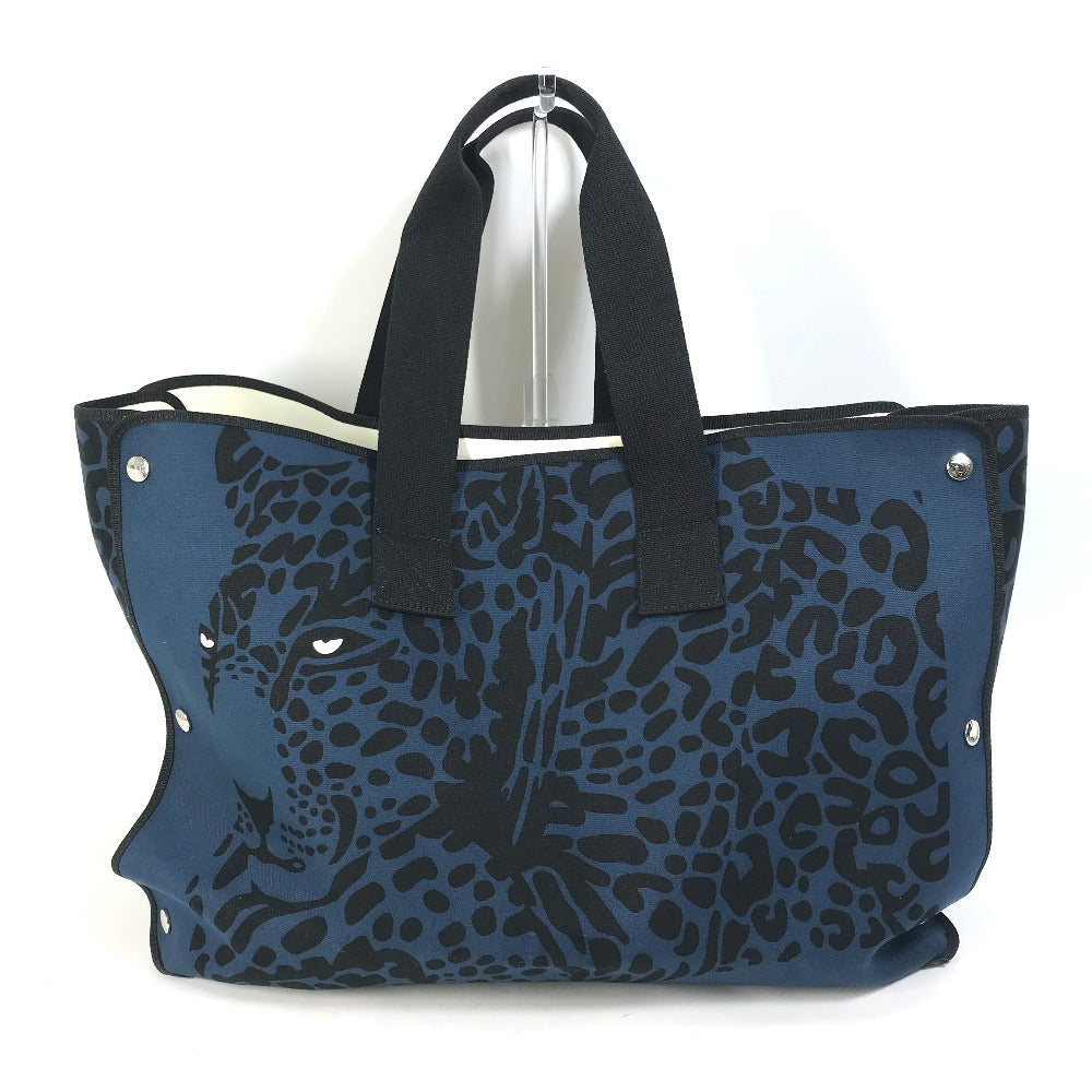 HERMES Shoulder Bag, Leopard Print, Beach Bag, Tote Bag, Canvas, Women's, Navy
