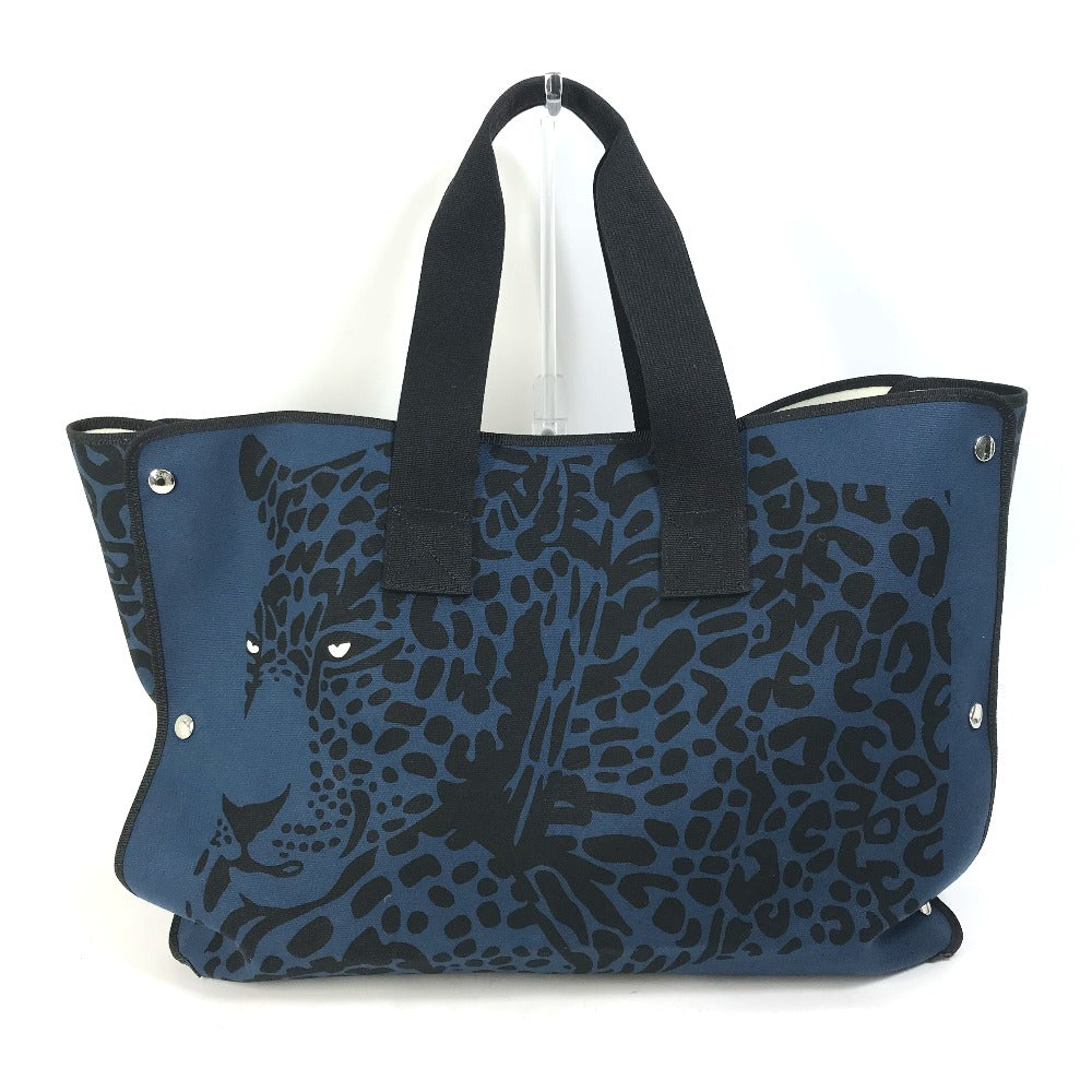HERMES Shoulder Bag, Leopard Print, Beach Bag, Tote Bag, Canvas, Women's, Navy