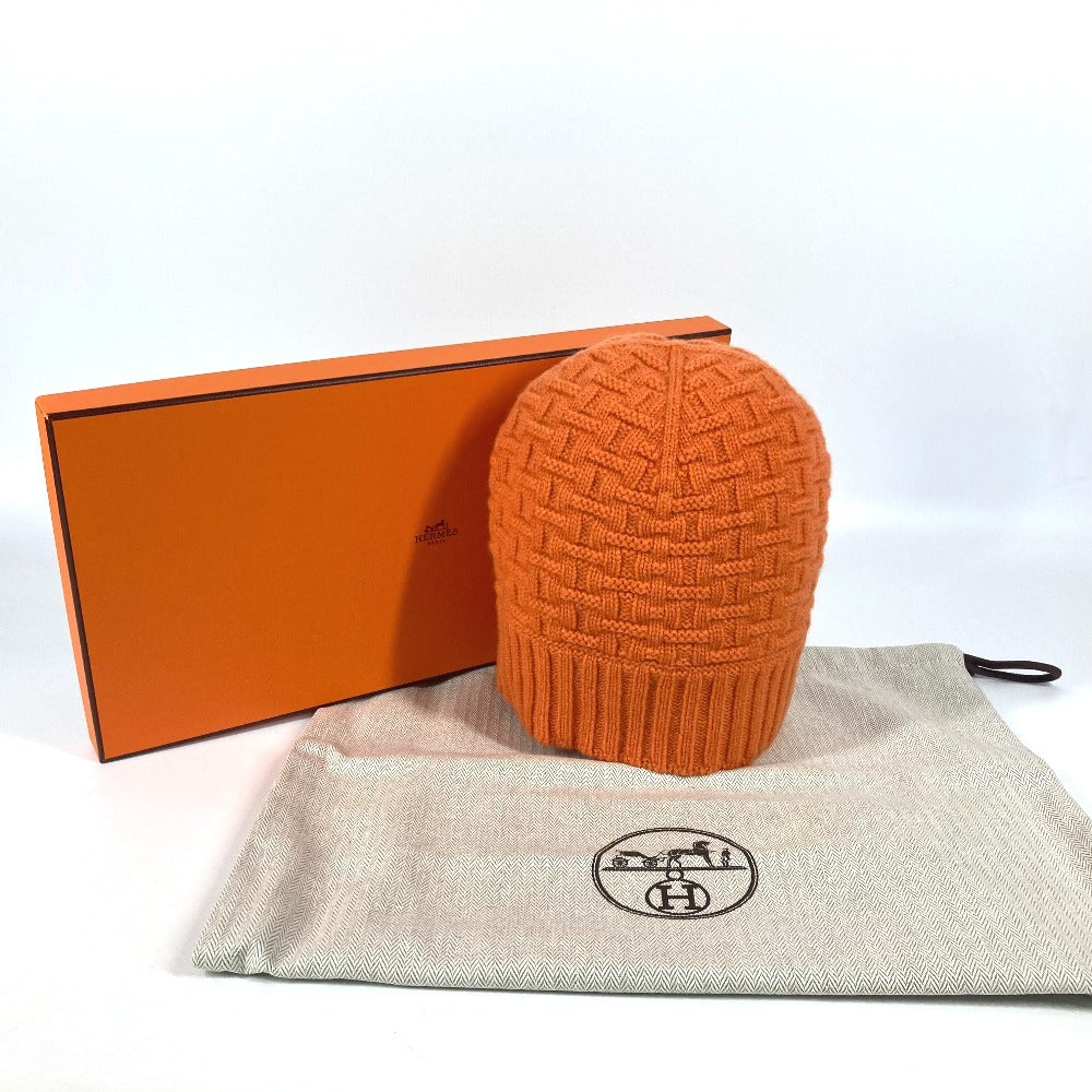 HERMES Hロゴ ビーニー 帽子 ニット帽 ニットキャップ ニット帽 カシミヤ レディース オレンジ