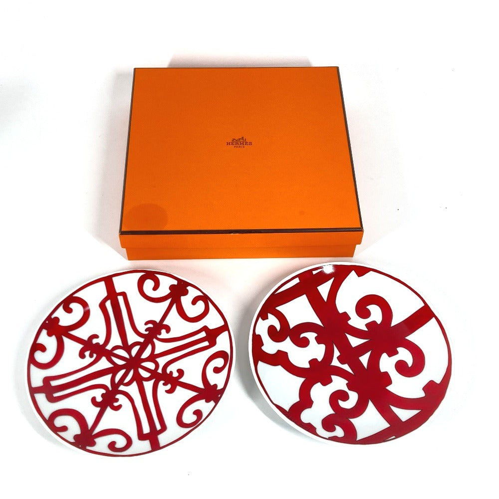 HERMES セット ペア ガダルギヴィール 2枚セット 17ｃｍ プレート カトラリー お皿 陶器 ユニセックス ホワイト レッド