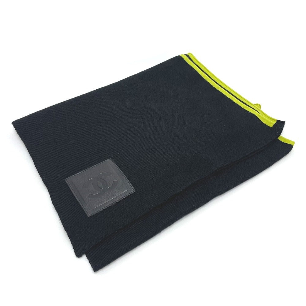 CHANEL Sport CC Coco Mark Scarf, Wool/Cashmere, Unisex, Black/Fluorescent Green