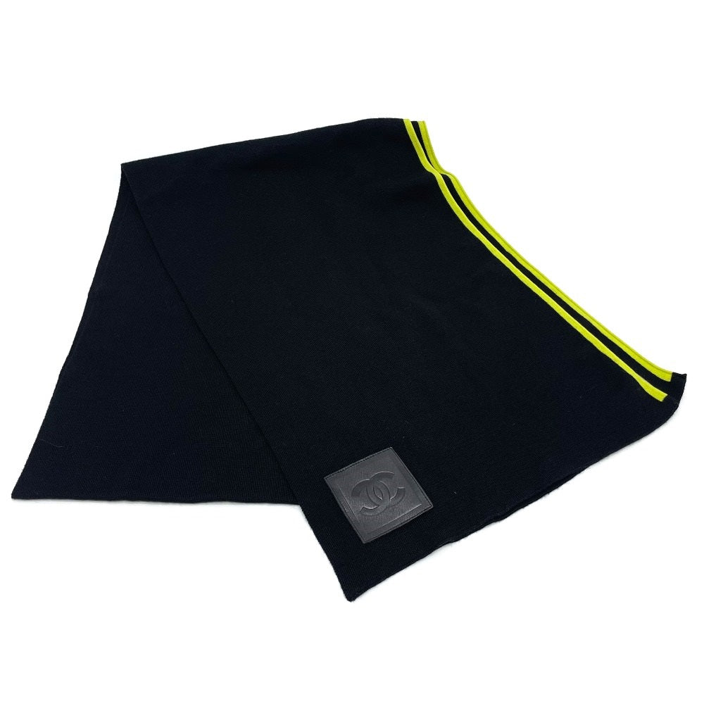 CHANEL Sport CC Coco Mark Scarf, Wool/Cashmere, Unisex, Black/Fluorescent Green