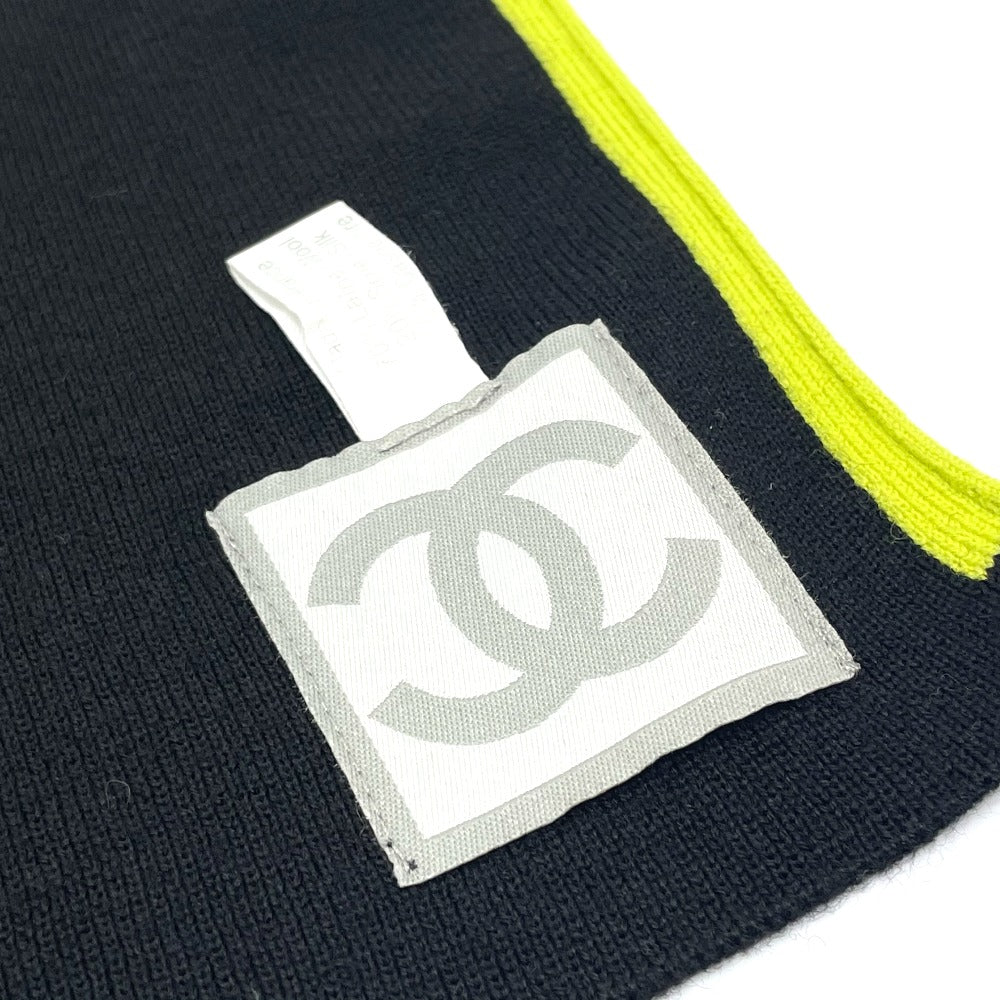 CHANEL Sport CC Coco Mark Scarf, Wool/Cashmere, Unisex, Black/Fluorescent Green