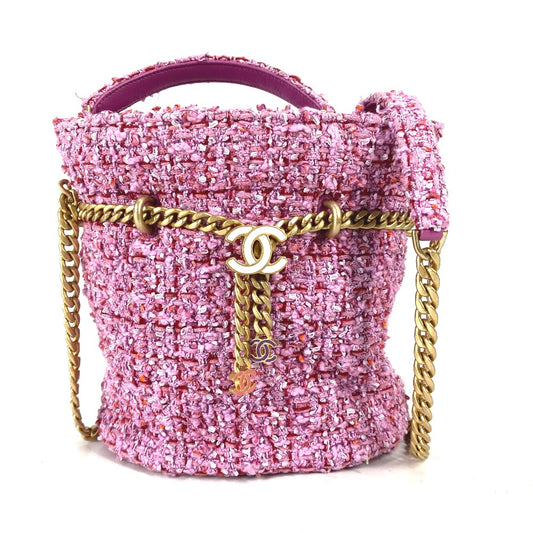 CHANEL 2022SS CC ココマーク チェーン バケツ型 斜め掛け ポシェット 2WAY ハンドバッグ ショルダーバッグ ツイード レディース ピンク