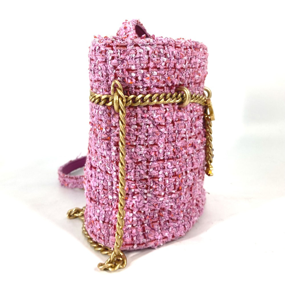 CHANEL 2022SS CC Coco Mark Chain Bucket-Shaped Crossbody Pochette 2-Way Handbag/Shoulder Bag in Tweed, Pink