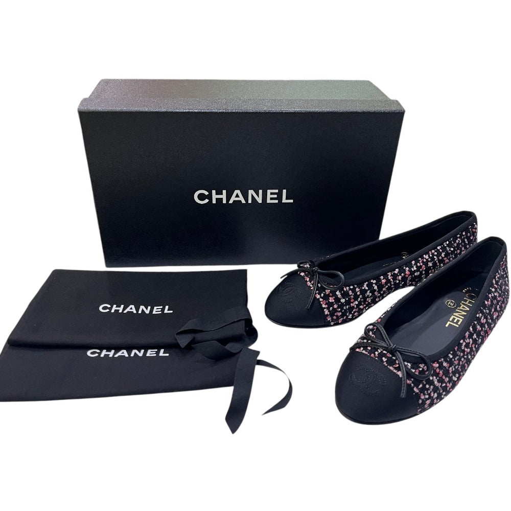 CHANEL CC Mark logo Ribbon Ballerina Shoes, flat shoes, ballet shoes pumps tweed Black/pink Used
