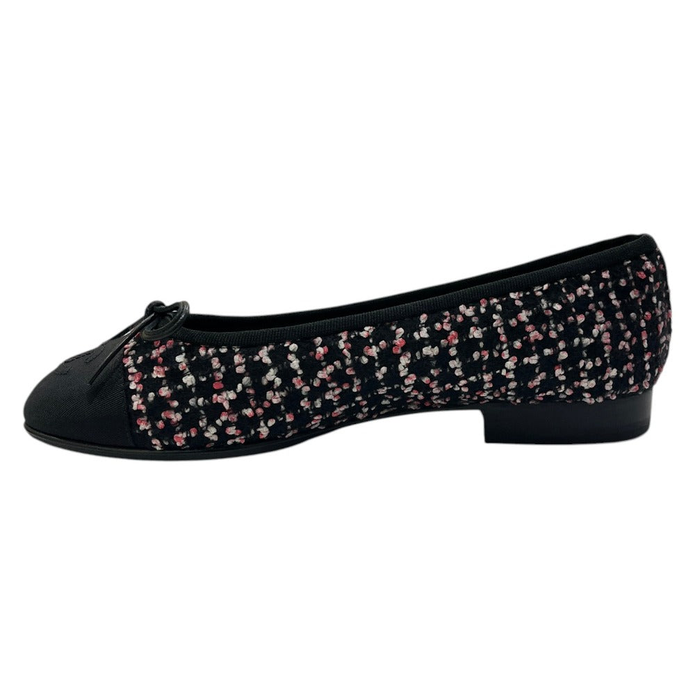 CHANEL CC Mark logo Ribbon Ballerina Shoes, flat shoes, ballet shoes pumps tweed Black/pink Used