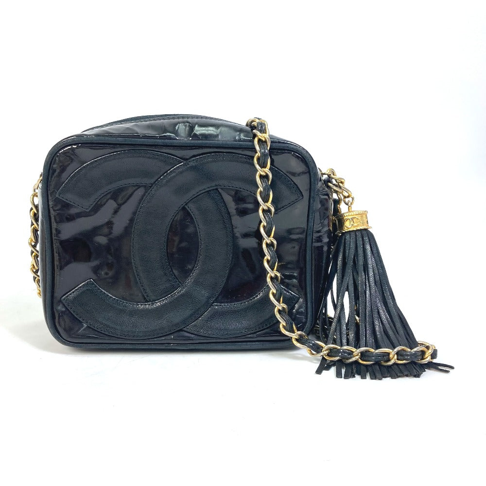 CHANEL CC Coco Mark Pochette Tassel Bag Fringe Chain Crossbody Shoulder Bag Enamel Women's Black