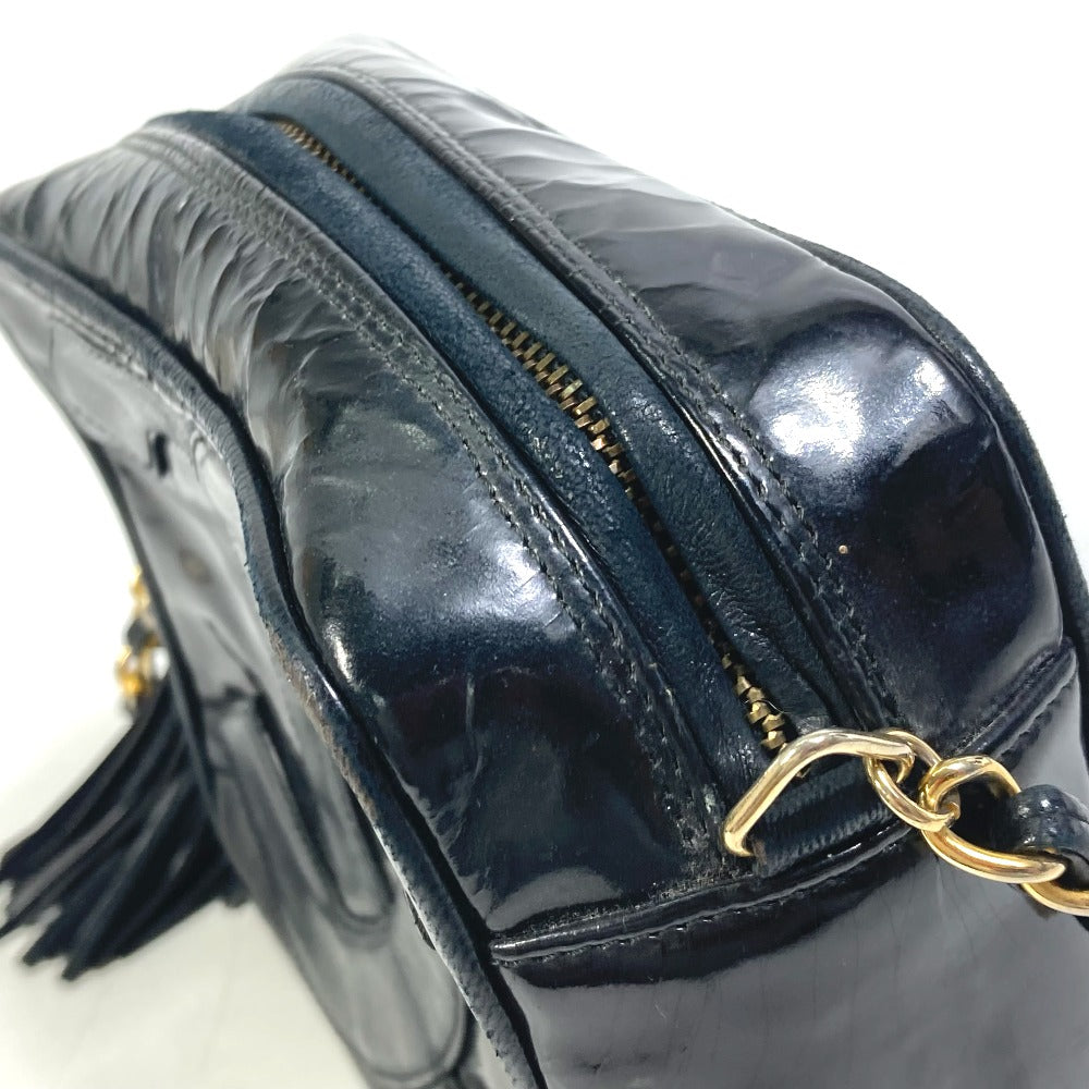 CHANEL CC Coco Mark Pochette Tassel Bag Fringe Chain Crossbody Shoulder Bag Enamel Women's Black