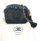 CHANEL CC Coco Mark Pochette Tassel Bag Fringe Chain Crossbody Shoulder Bag Enamel Women's Black