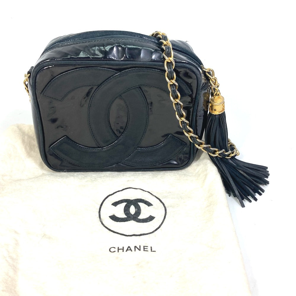 CHANEL CC Coco Mark Pochette Tassel Bag Fringe Chain Crossbody Shoulder Bag Enamel Women's Black