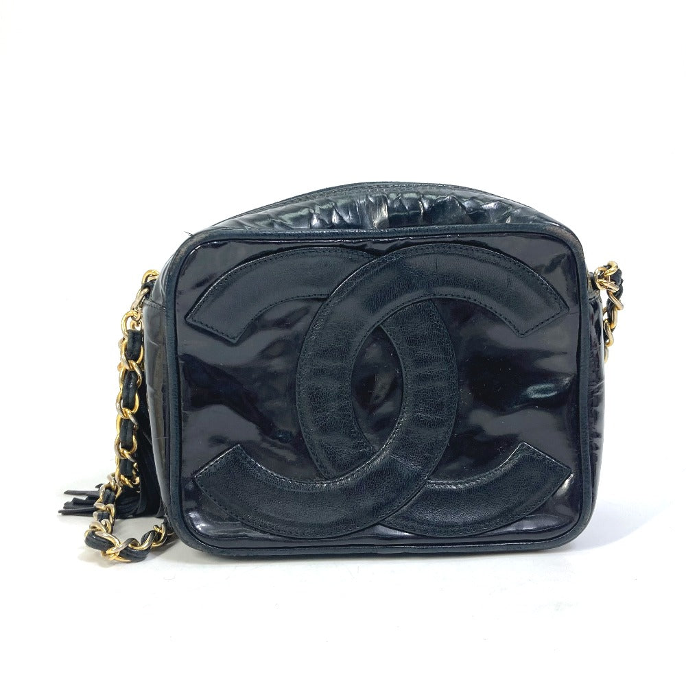 CHANEL CC Coco Mark Pochette Tassel Bag Fringe Chain Crossbody Shoulder Bag Enamel Women's Black