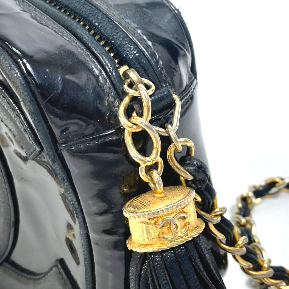 CHANEL CC Coco Mark Pochette Tassel Bag Fringe Chain Crossbody Shoulder Bag Enamel Women's Black