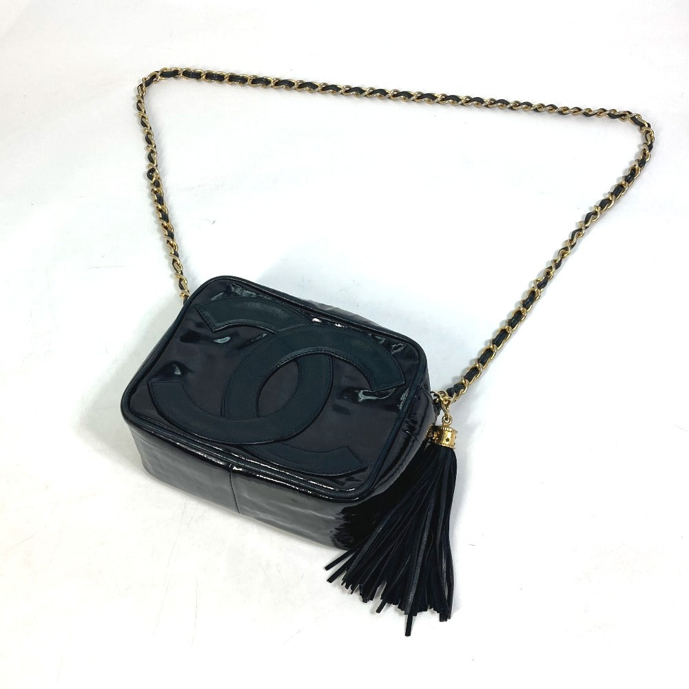 CHANEL CC Coco Mark Pochette Tassel Bag Fringe Chain Crossbody Shoulder Bag Enamel Women's Black