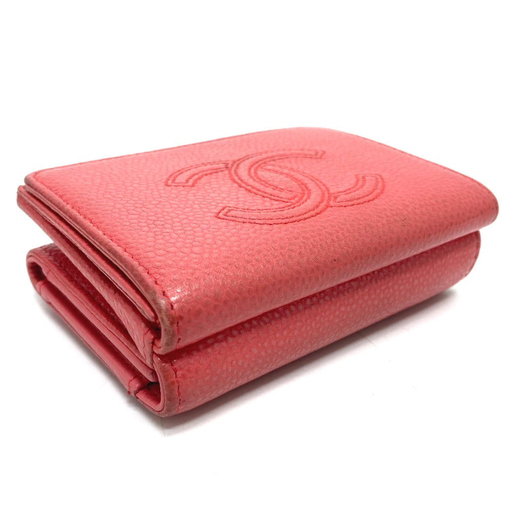 CHANEL A70796 CC Coco Mark Double-Hook Small Flap Wallet Compact Tri-Fold Wallet in Caviar Leather, Salmon Pink