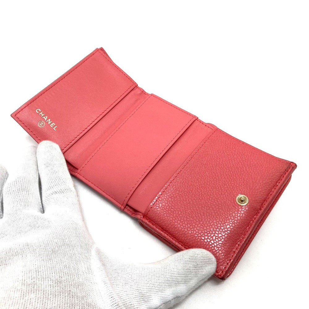 CHANEL A70796 CC Coco Mark Double-Hook Small Flap Wallet Compact Tri-Fold Wallet in Caviar Leather, Salmon Pink