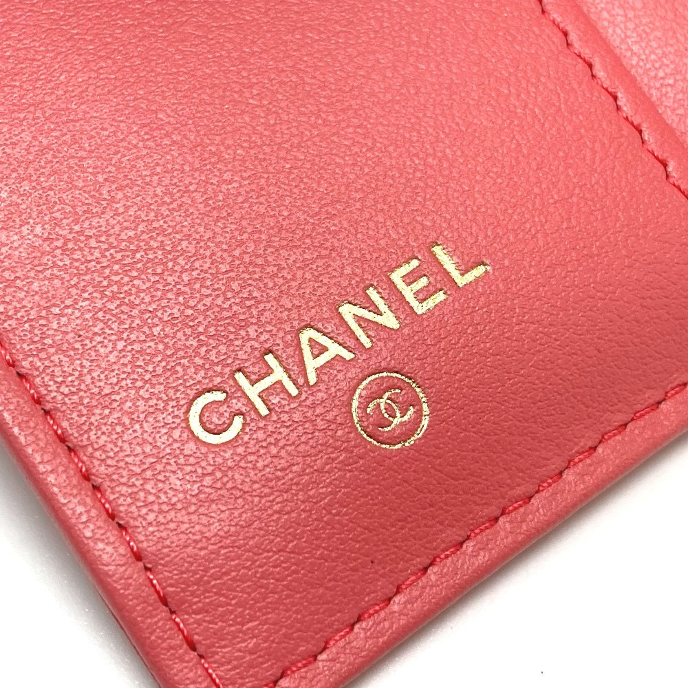 CHANEL A70796 CC Coco Mark Double-Hook Small Flap Wallet Compact Tri-Fold Wallet in Caviar Leather, Salmon Pink